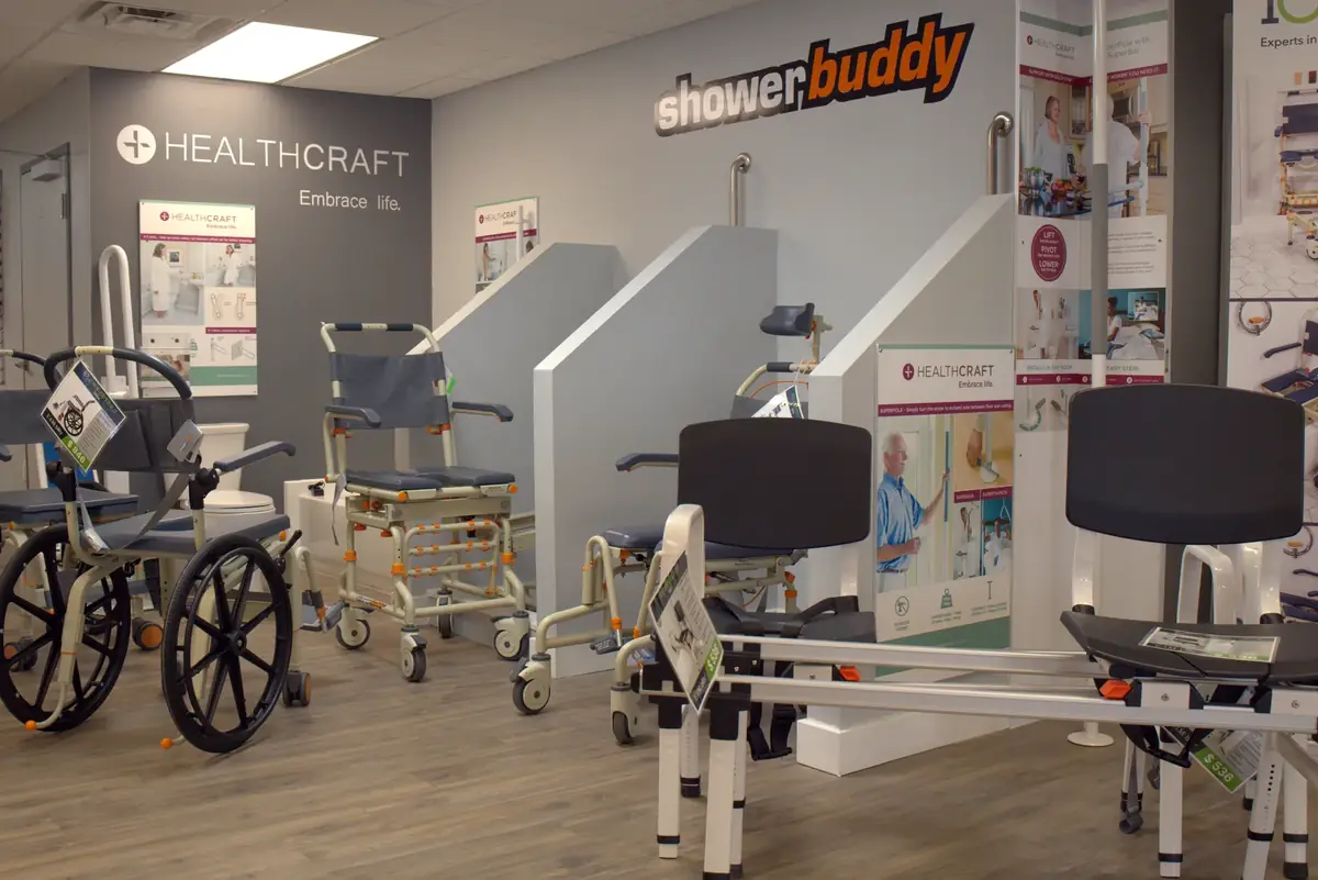 ShowerBuddy and HealthCraft bath safety display in the 101 Mobility showroom