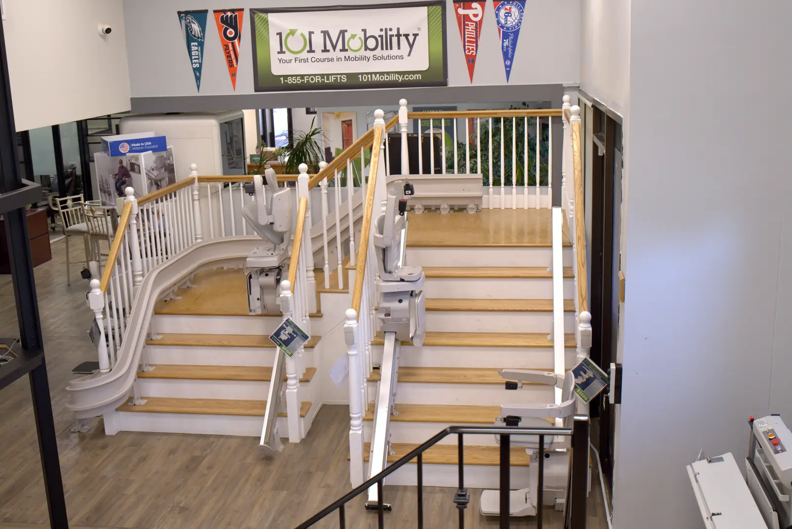 Bruno straight-rail stairlift on a staircase in the 101 Mobility showroom